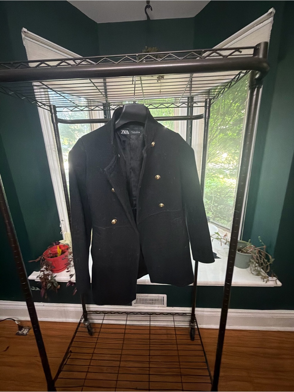Zara Black Double-Breasted Pea Coat with Gold Buttons